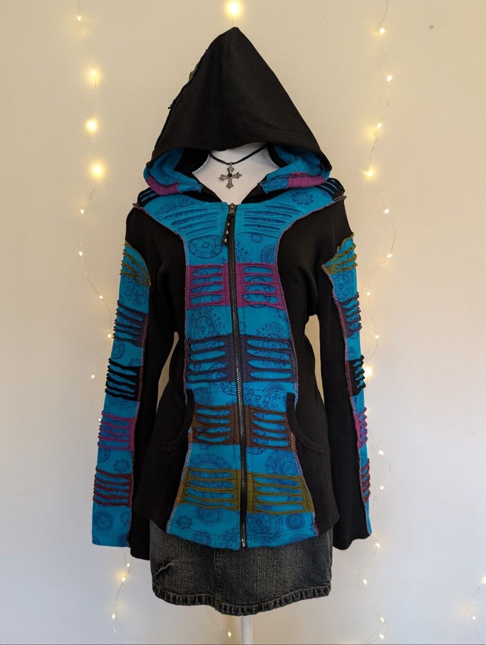 Patchwork Boho Zip Hoodie - Hippie Blue & Black